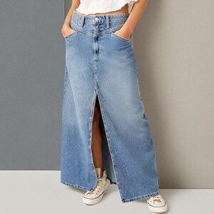Free People Skirt Come As You Are Denim Slit Maxi In Sapphire Blue